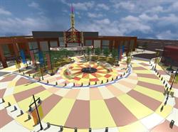 A multi-colored street curves around a plaza at the front of the theater. - , Utah